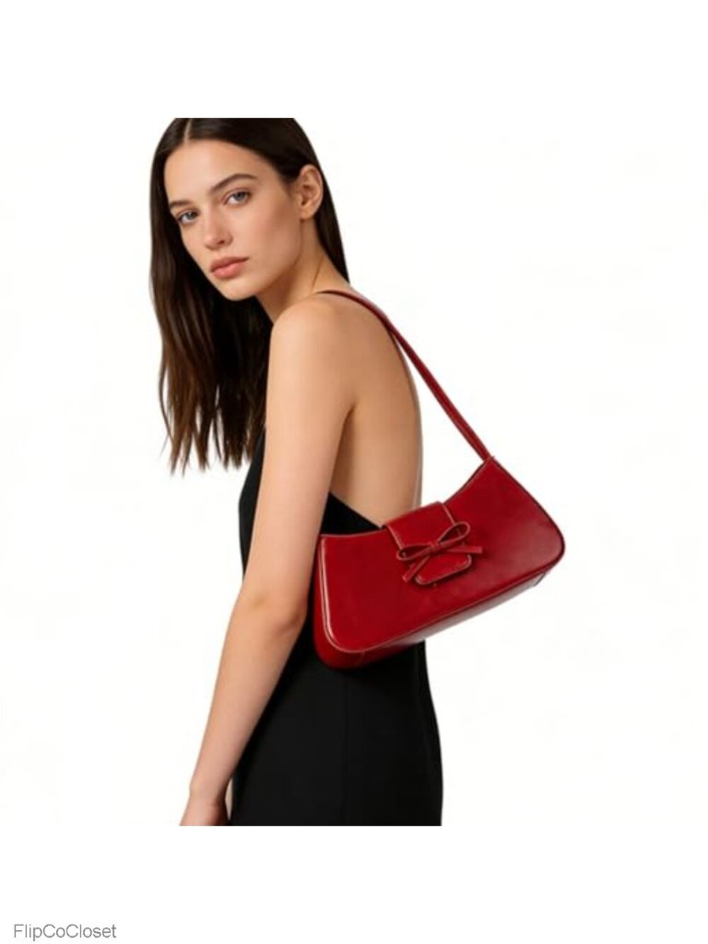 Faux Leather Shoulder Bag with Bow Small Cute Purse Mini Hobo Handbag - Picture 3 of 6